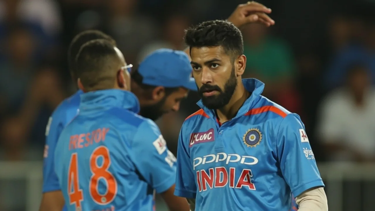 Tight sideline action of a left-arm seamer running in to bowl on a white-ball evening at an Indian stadium under floodlights
