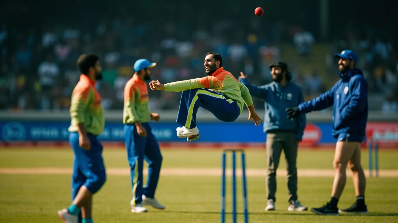 Medium tactical view of a spinner landing on a worn Indian white-ball pitch during an evening fixture with fielders set and the batting pair at the crease