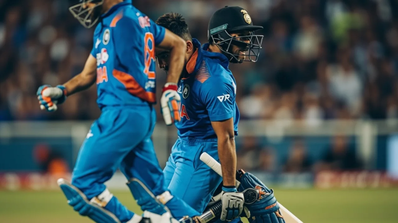 Wide evening view of a packed Indian cricket stadium under floodlights before a marquee white-ball fixture