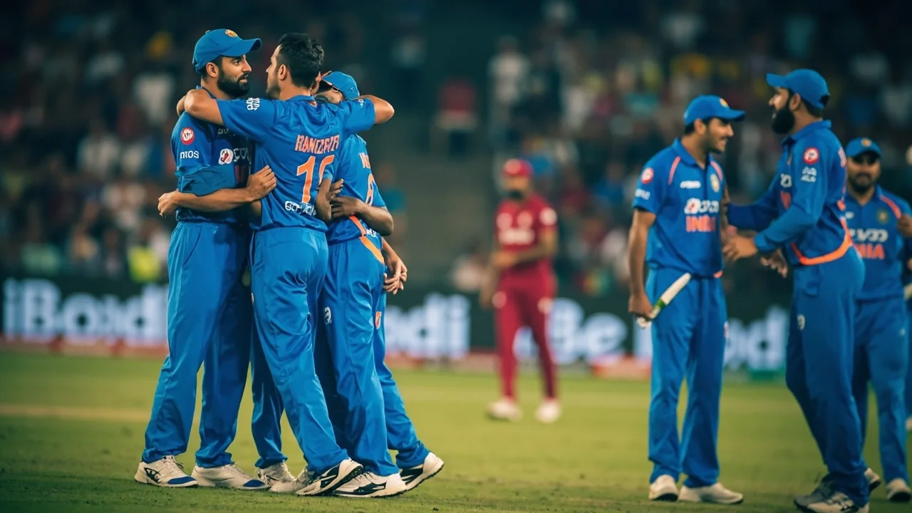 Medium tactical view of a cricket fielding setup with the captain and bowler conferring near the stumps during a match