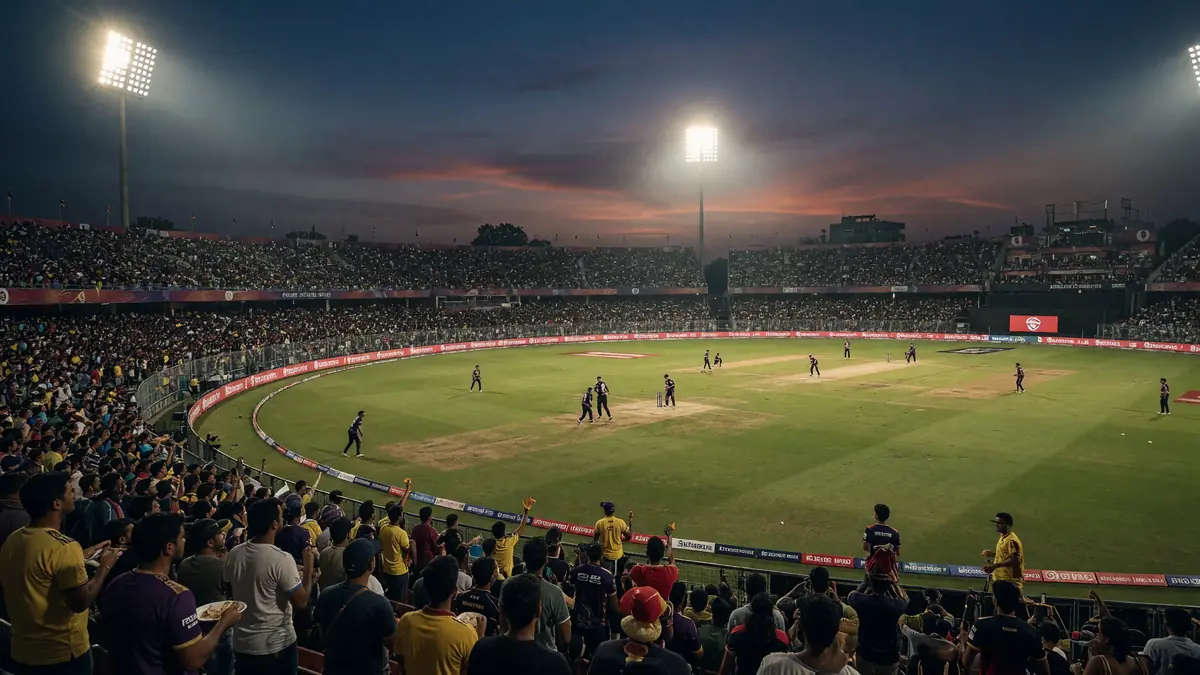 Wide evening view of a packed Kolkata cricket stadium with the outfield lit and stands filling before an IPL fixture