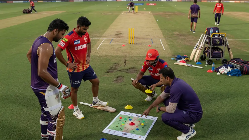 Medium tactical view of fielders set for a white-ball delivery with the bowler at the top of the mark on a green outfield under lights
