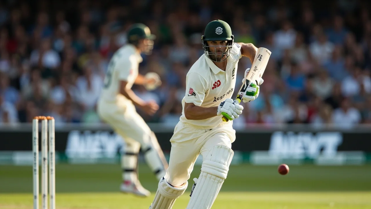 Medium shot of fielders and batters at the crease during the run chase on day five of the Trent Bridge Test between New Zealand and England