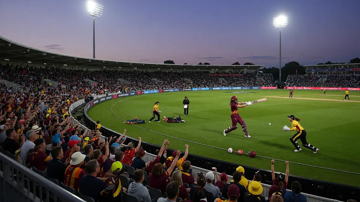 Wide afternoon view of a packed London cricket ground with the outfield marked and stands filling ahead of a women's Hundred fixture