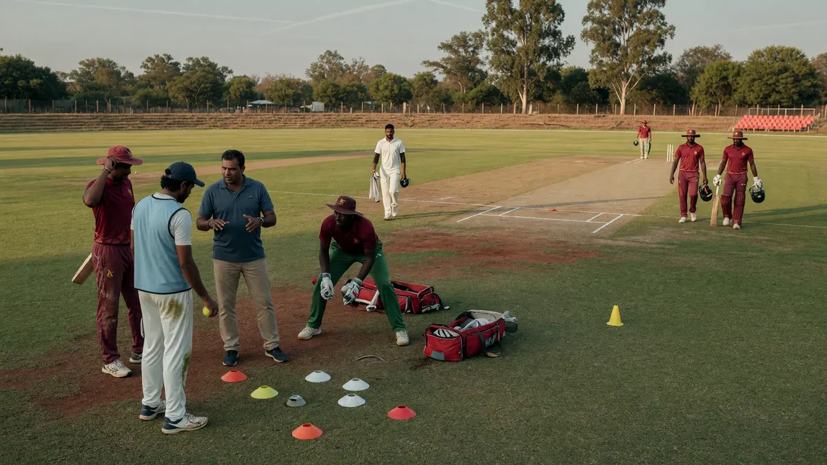 Medium shot of fielders and support staff setting positions and training markers on a dry outfield